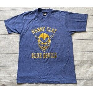 Vintage Henry Clay Blue Devils Graphic T Shirt Size Large Blue Rare HTF 2 Sided